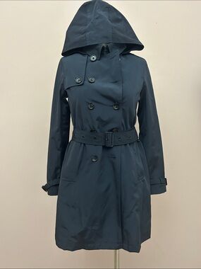 Jane Post Hooded Double-Breasted Trench Coat Navy Blue w detachable lining XS